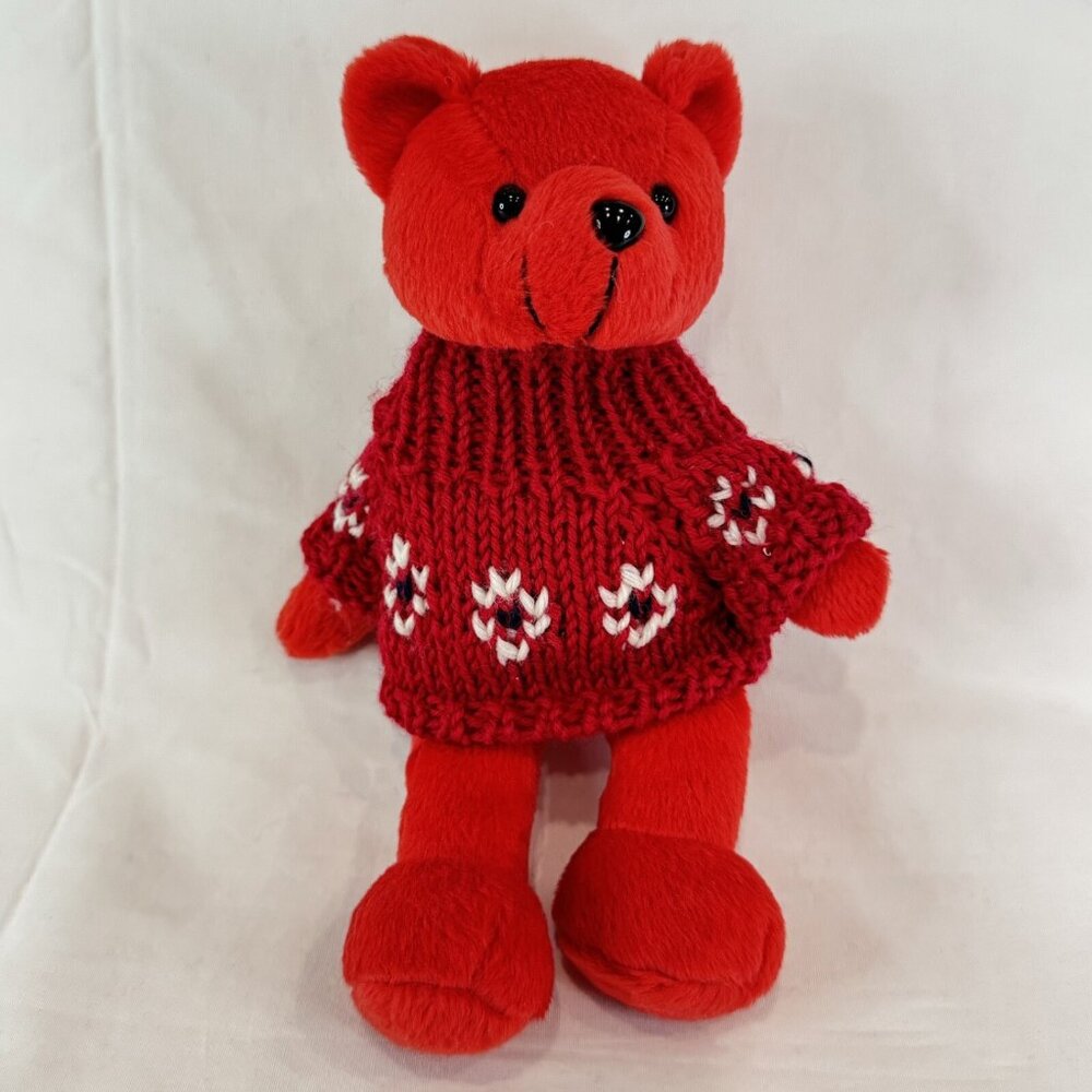 Red Teddy Bear Plush Stuffed Animal in Knit Sweater 8" Beanie